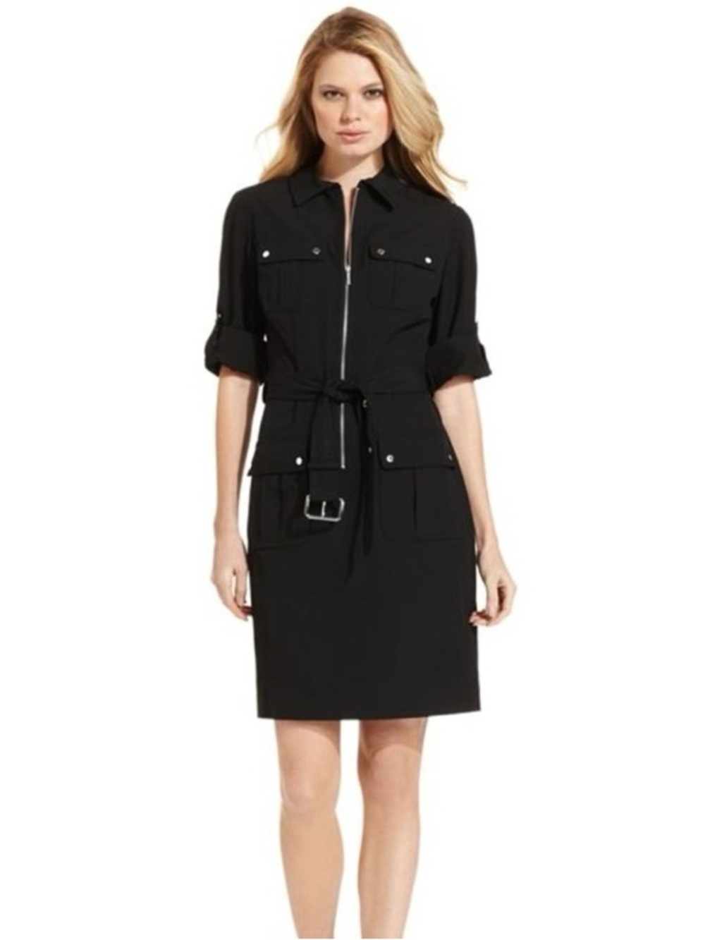 Michael Kors Black Utility Zip-Front Shirt Dress with Belt